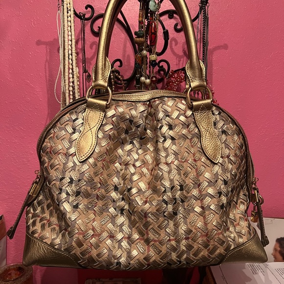 *AUTHENTIC BURBERRY* Gold/Beige Haymarket Check PVC and Leather Thornley Satchel - Picture 3 of 15